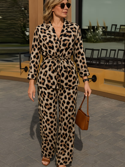 European And American Autumn Leopard Print Long Sleeve Top, Loose Casual Pants Set Can Be Worn Outside, at Home, Slightly Elastic, Elegant