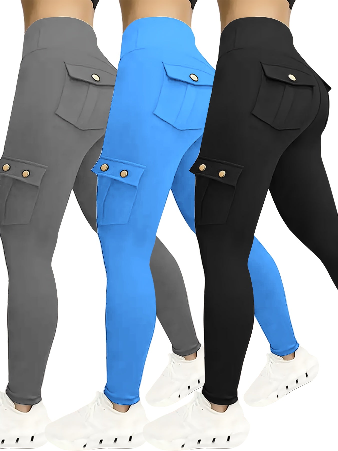 3-Pack Women'S High-Waisted Compression Leggings with Pockets, Suitable for All Seasons, Elastic Running And Sports Leggings, Button Design, Solid Colors (Black, Sky Blue, Gray, Pink, Red), Practical Flap Pockets, Comfortable Fabric