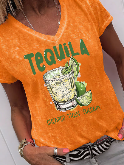 Fun And Creative Style Tequila Print Short-Sleeve (V-Neck) Shirt, Fresh And Retro Style. Women'S Short-Sleeve (V-Neck) Shirt for Spring And Summer. Casual And Versatile, Suitable for Home Wear. Comfortable And Breathable