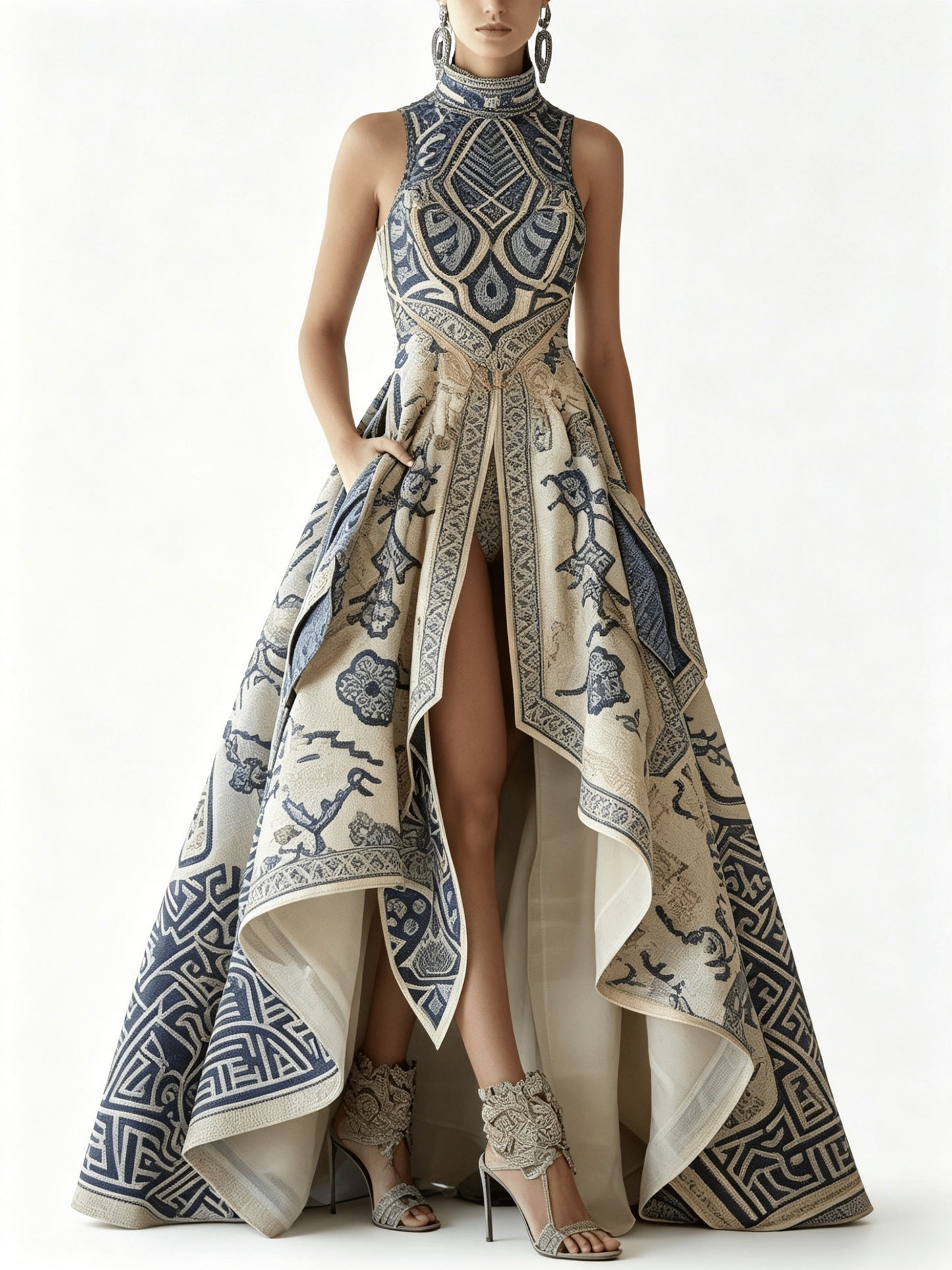 Asymmetrical Blue Porcelain Print High Neck Sleeveless Evening Gown, High-Low Hem Front Slit Formal Dress, Gala Wedding Guest Prom Outfit