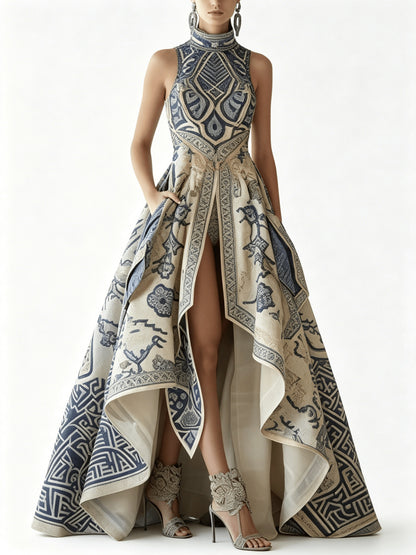 Asymmetrical Blue Porcelain Print High Neck Sleeveless Evening Gown, High-Low Hem Front Slit Formal Dress, Gala Wedding Guest Prom Outfit