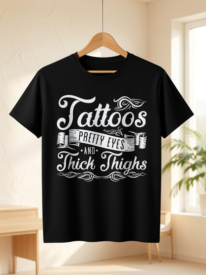 Plus Size - Plus Size - Women'S Plus Size Thigh Tattoo Inspiration Casual T-Shirt 2026 New, Black, Machine Washable, 1pc, 180G, Round Neck, Zodiac Pattern, Halloween Gift, Christmas Gift, Birthday Gift, New Year Gift