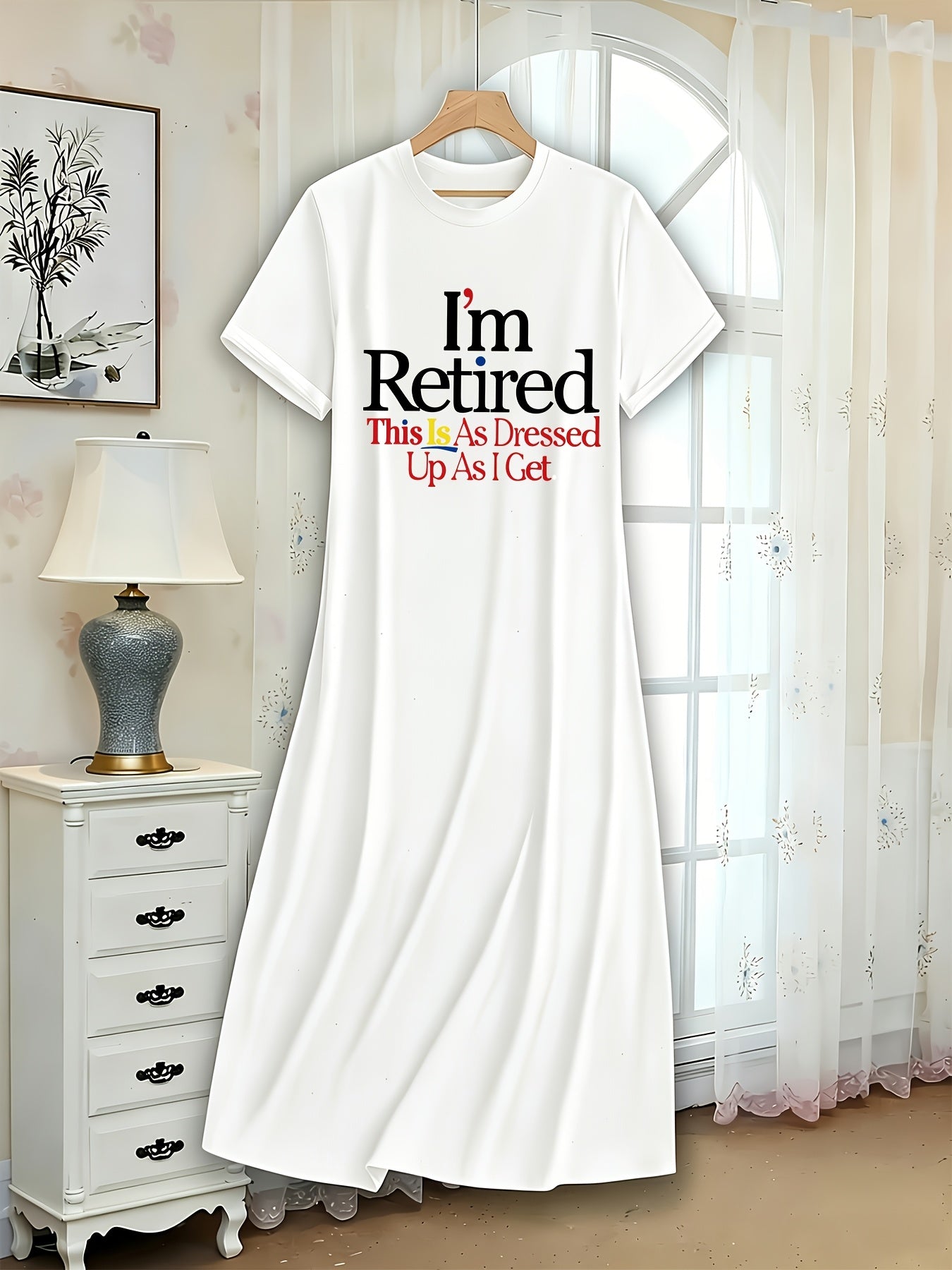 Plus Size, Relaxed Fit I'm Retired This Is As Dressed Up As I Get Graphic Print Round Neck Short Sleeve Dress, Fresh Retro Style Women's Casual Versatile Comfortable Breathable Machine Washable, Ideal for Home, Outings or Gifts, Perfect for Mother's