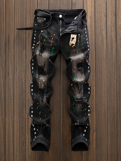 Men'S Casual Versatile Street Fashion Style Splashed Ink Star Hole Printed Jeans