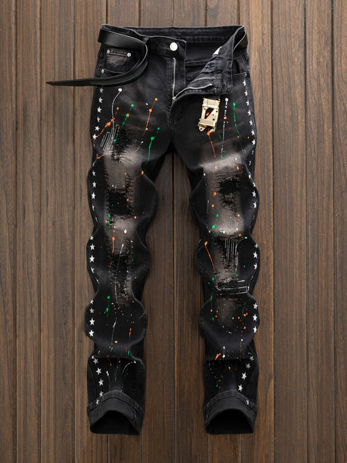 Men'S Casual Versatile Street Fashion Style Splashed Ink Star Hole Printed Jeans
