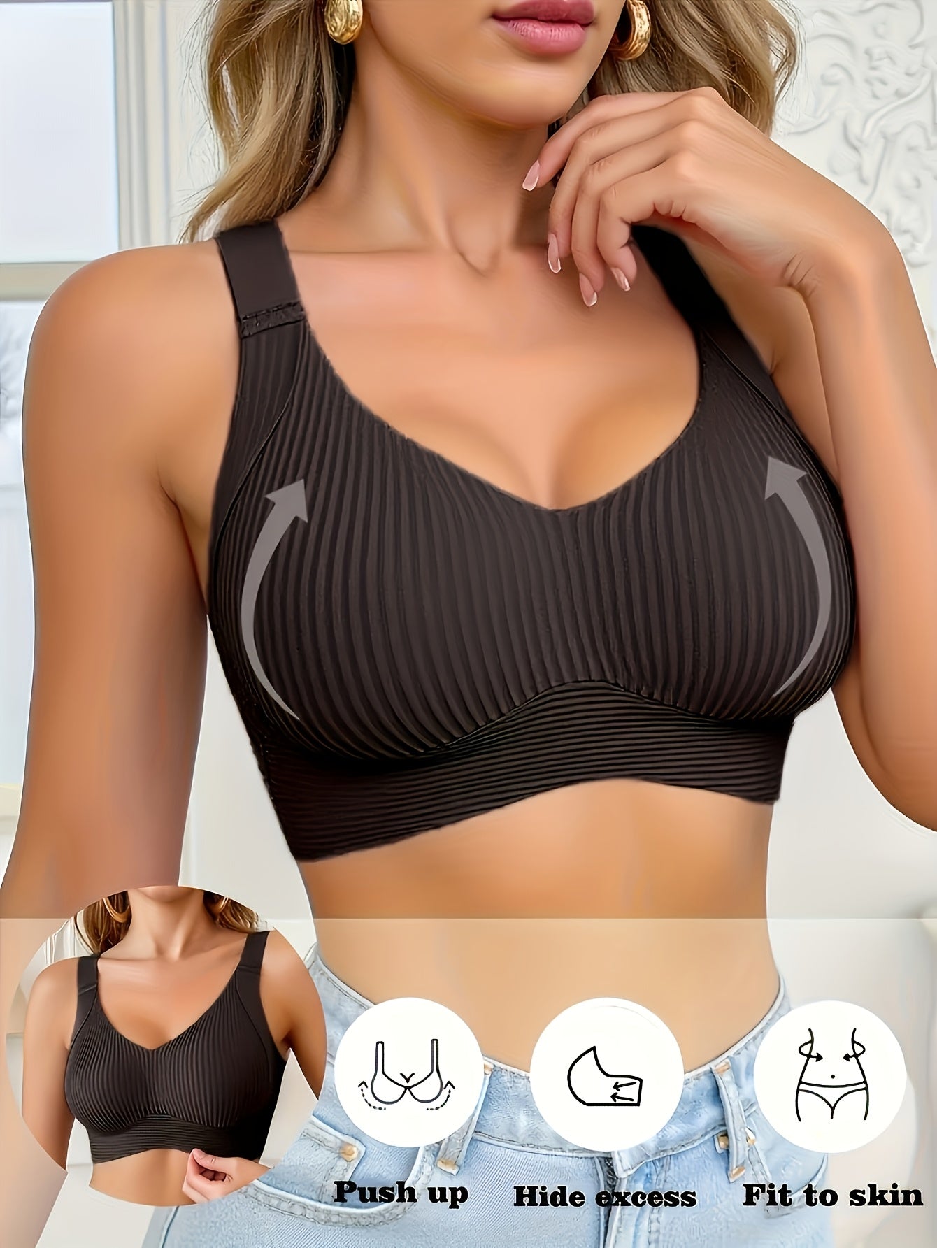 Plus-Size Wireless Women's Bra Suitable for Large Breasts - Full-Coverage Lift & Push-Up Underwire-Free Bust Enhancer with Adjustable Straps, Removable Pads, Seamless Smoothing Lingerie for Daily Wear & Special Occasions