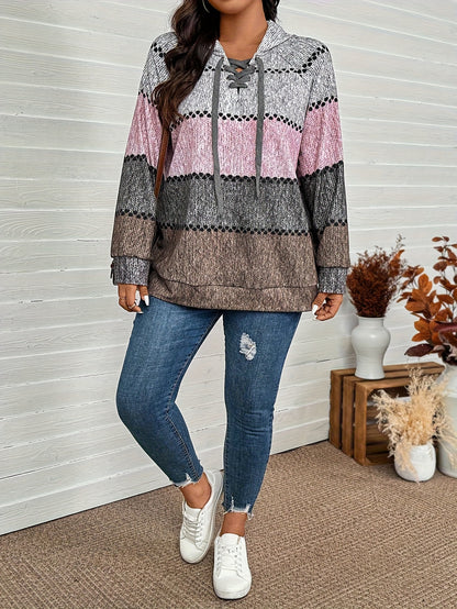 Plus Size, Plus Size Women's Oversized Hooded Sweater Sweatsuit - Thick Winter Warm Full-Zip Jacket-like Pullover with V-Neck Collar, Pink/Gray/Black/Beige Houndstooth Print, Machine Washable Cozy Sweater Jacket