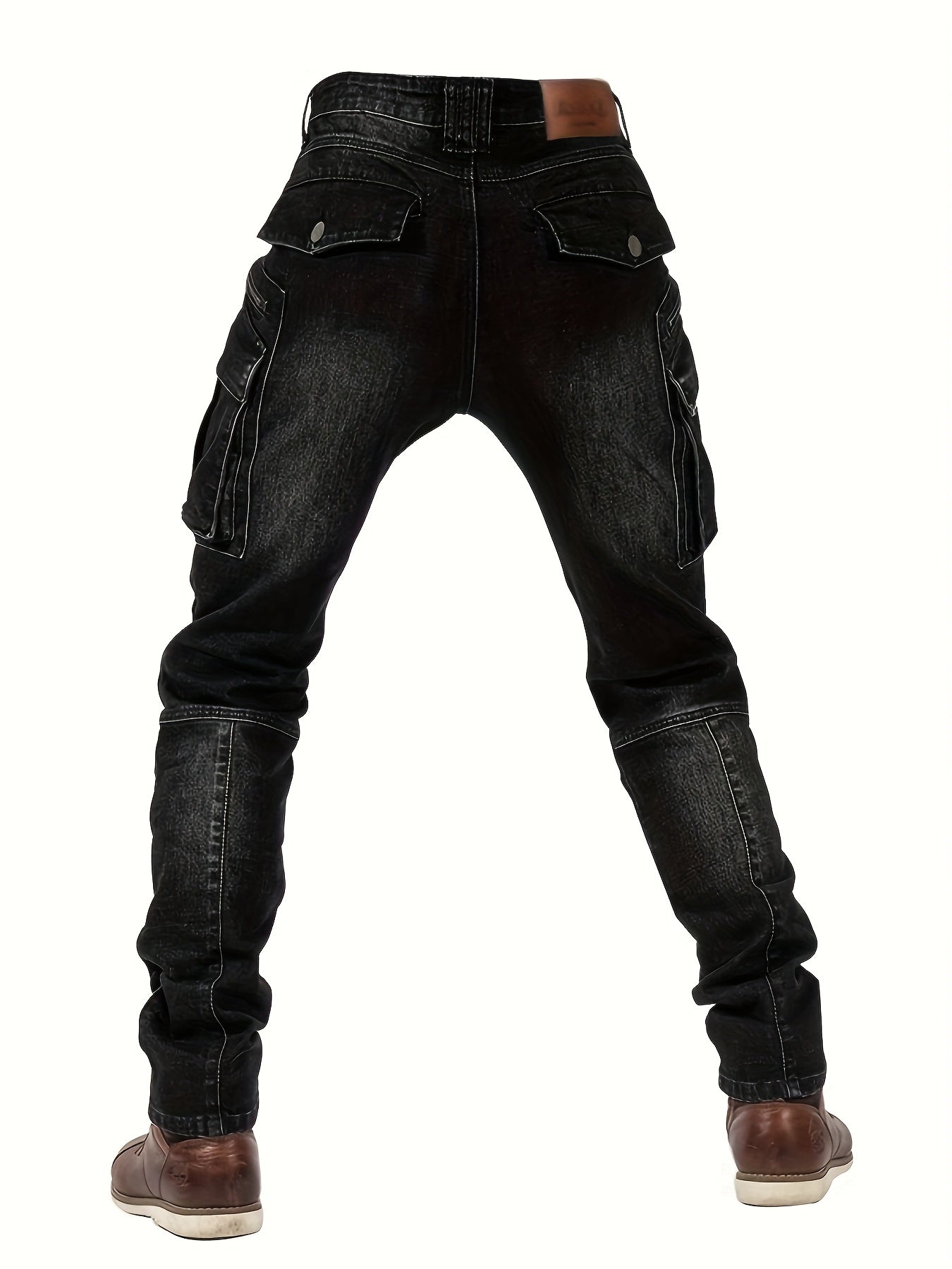 Men'S Wear-resistant Zipper Large Pocket Motorcycle Cycling Pants Vintage Washed Elastic Jeans
