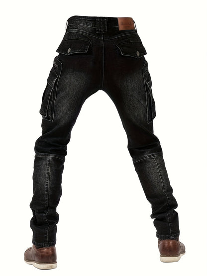Men'S Wear-resistant Zipper Large Pocket Motorcycle Cycling Pants Vintage Washed Elastic Jeans