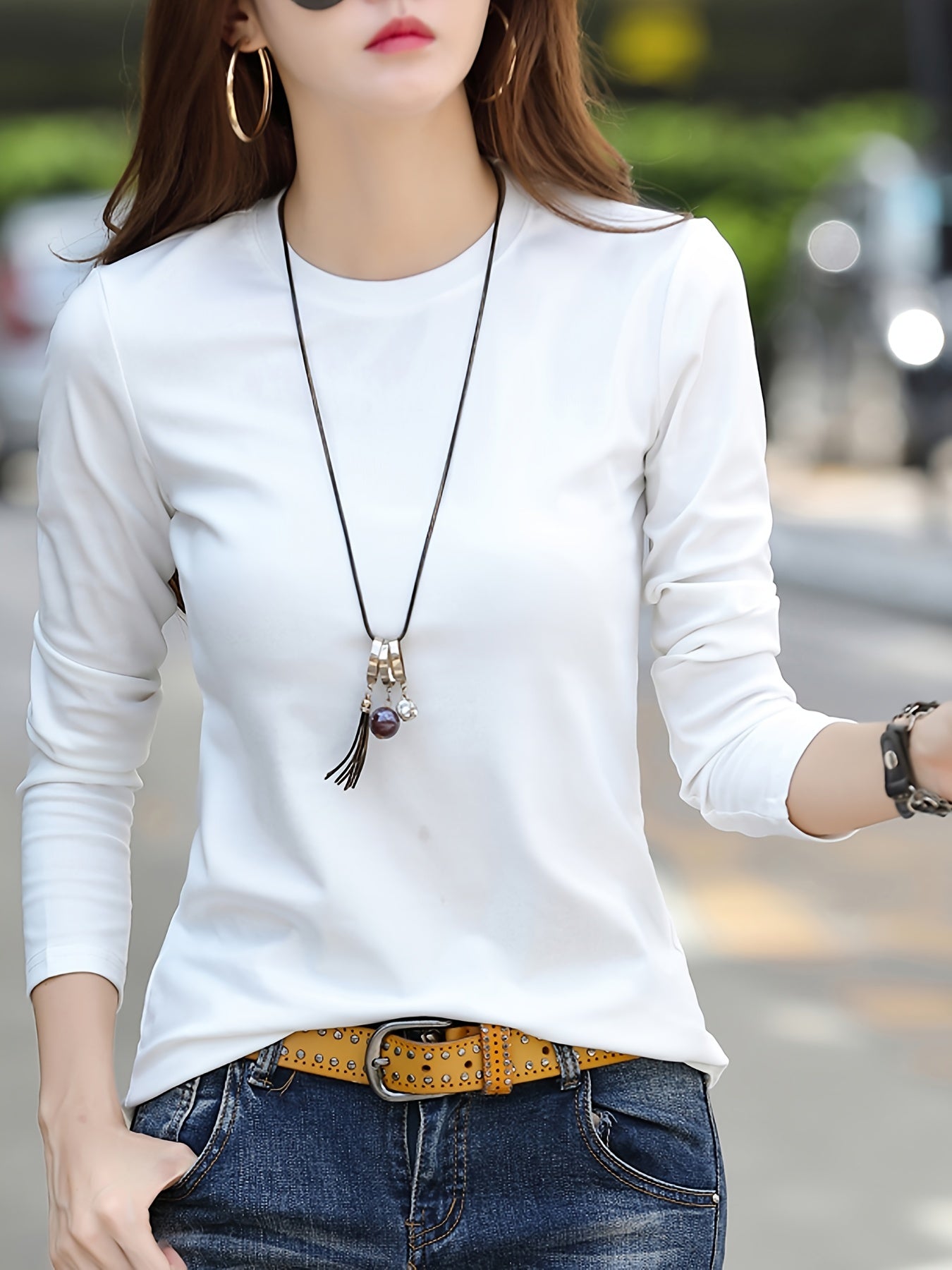 Women's Elegant Crew Neck T-Shirt, 100% Polyester Fabric, High Stretch Solid Color Top, Regular Length, 180gsm - Spring/Summer Fashion