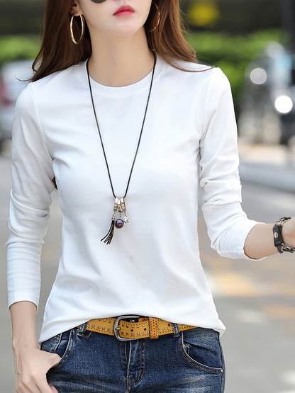 Women's Elegant Crew Neck T-Shirt, 100% Polyester Fabric, High Stretch Solid Color Top, Regular Length, 180gsm - Spring/Summer Fashion