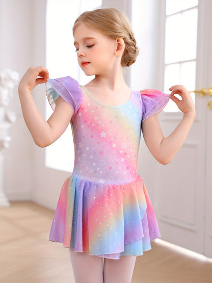 Christmas Girl's Dress; Dress; Dance Dress; One-piece Training Suit; Summer Rainbow Gradient Dress; Mesh Dress; Sweet Petal Sleeves; One-piece Dress; Children's Ballet Leotard; Back Bow.