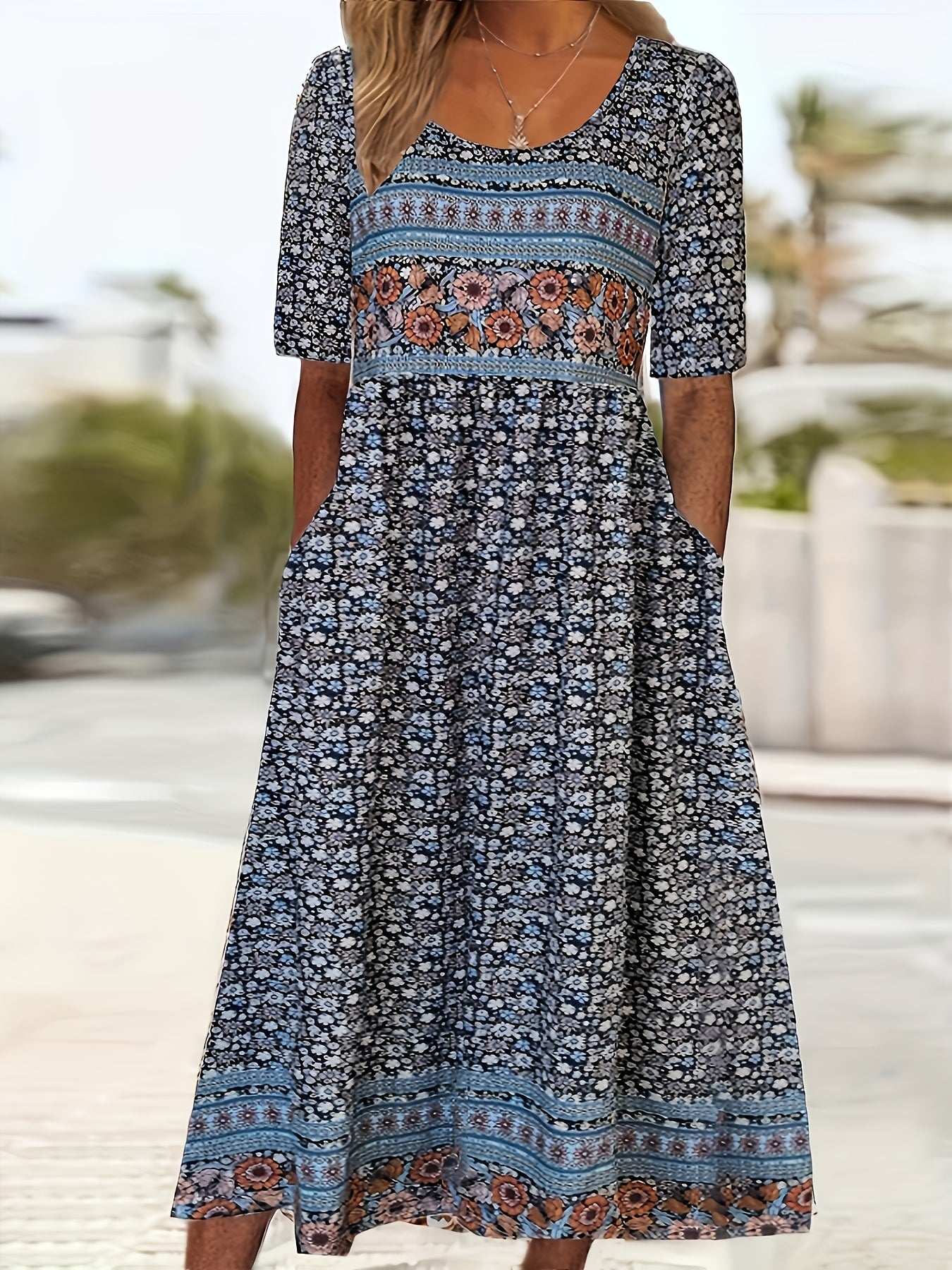 Casual Bohemian Dress for Women, Short Sleeves, Crew Neck, with Pockets, Loose Fit, Ideal for Summer And Beach Wear in 2025