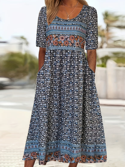 Casual Bohemian Dress for Women, Short Sleeves, Crew Neck, with Pockets, Loose Fit, Ideal for Summer And Beach Wear in 2025