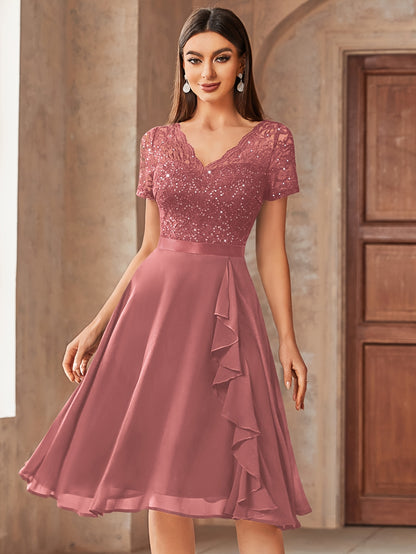 24224 Elegant Womens Sequin Lace Chiffon A Line Bridesmaid Dress, V Neck Short Sleeves, Ruched Ruffle Hem, Perfect for Graduation Season, Wedding Season, Summer Wedding Guest, Evening Party, Cruise Party And Birthday Celebration