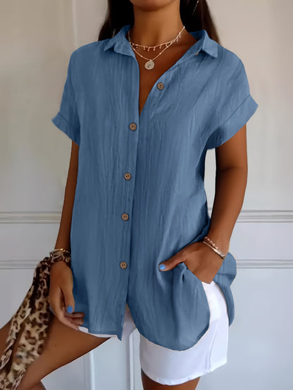 Plus Size - Plus Size - Spring And Summer Plus Size Women'S Elegant Solid Colour Short Sleeves Shirt - Blue, Button Design, Flap Collar, Smooth Fabric - Plus Size Shirt