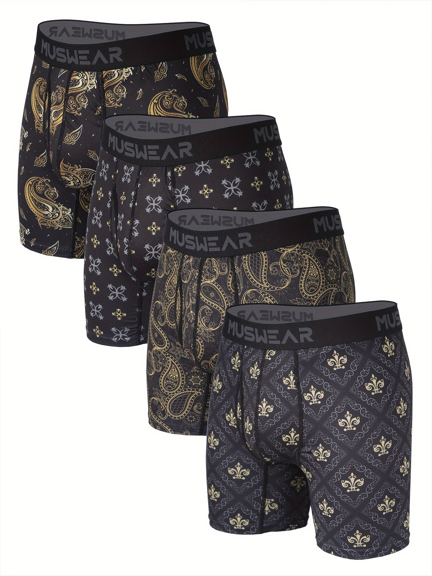 4pcs Men's Quick-Dry Boxer Briefs - Moisture-Wicking, Breathable with Side Openings, Baroque Print, Stretchy Polyester & Spandex Blend, Machine Washable