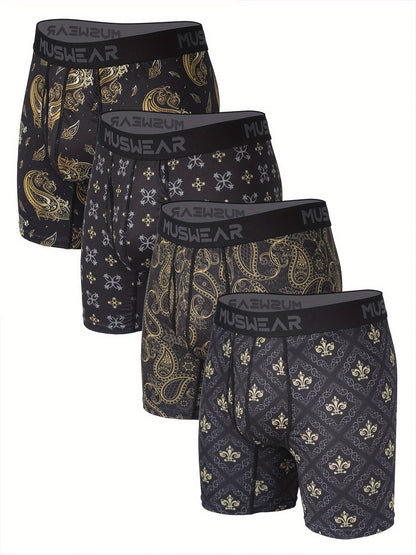 4pcs Men's Quick-Dry Boxer Briefs - Moisture-Wicking, Breathable with Side Openings, Baroque Print, Stretchy Polyester & Spandex Blend, Machine Washable