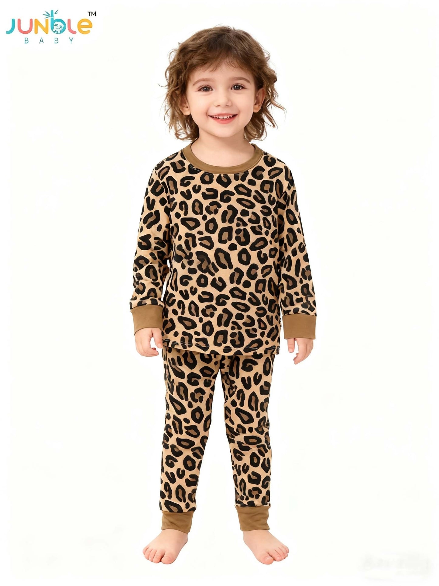 JUNBLEBABY Bamboo Fiber Skinny Pajama Set - Brown Leopard Print Long Sleeve And Pants, Stretchy Viscose Blend, Crew Neck, Casual Style for Youngsters