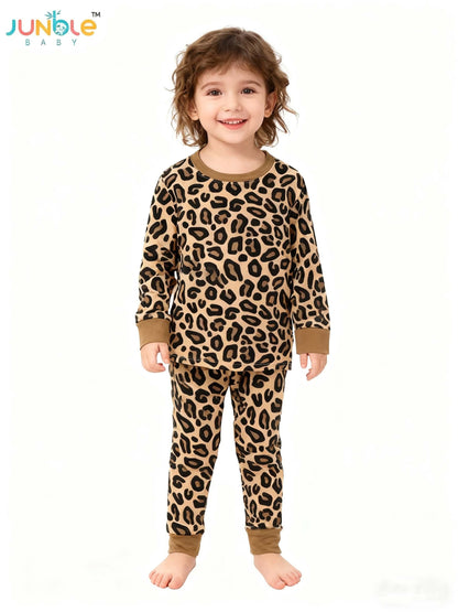 JUNBLEBABY Bamboo Fiber Skinny Pajama Set - Brown Leopard Print Long Sleeve And Pants, Stretchy Viscose Blend, Crew Neck, Casual Style for Youngsters