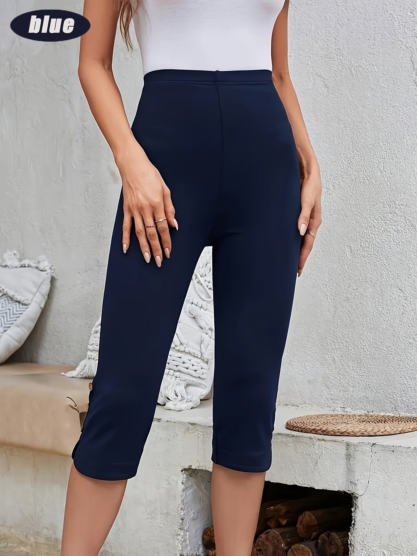 3pcs Women's Autumn And Winter Clothing, High-waisted Capri Leggings, Halloween Costumes - High Elasticity with Fake Button Details, 3 Solid Colors (black, Navy Blue, Red), Machine Washable