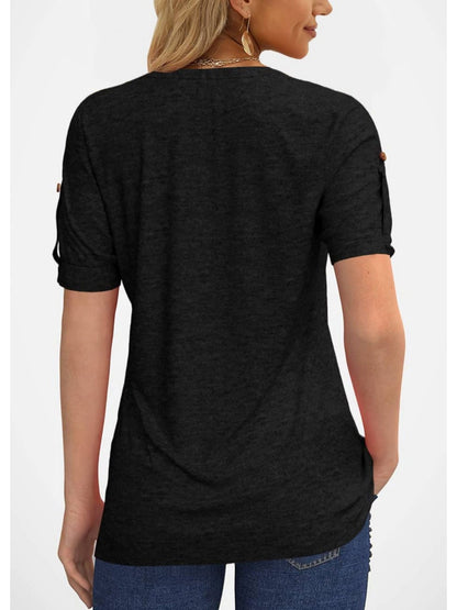 Casual Short-Sleeve Blouse for Women with a Solid Color, Featuring a Pleated Design, Buttoned V-Neck, And a Zipper