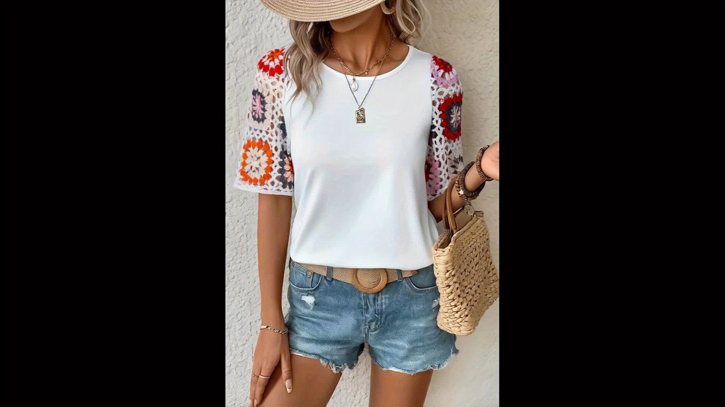White Floral Crochet Short Sleeve Top