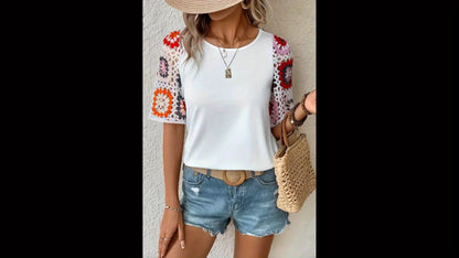 White Floral Crochet Short Sleeve Top