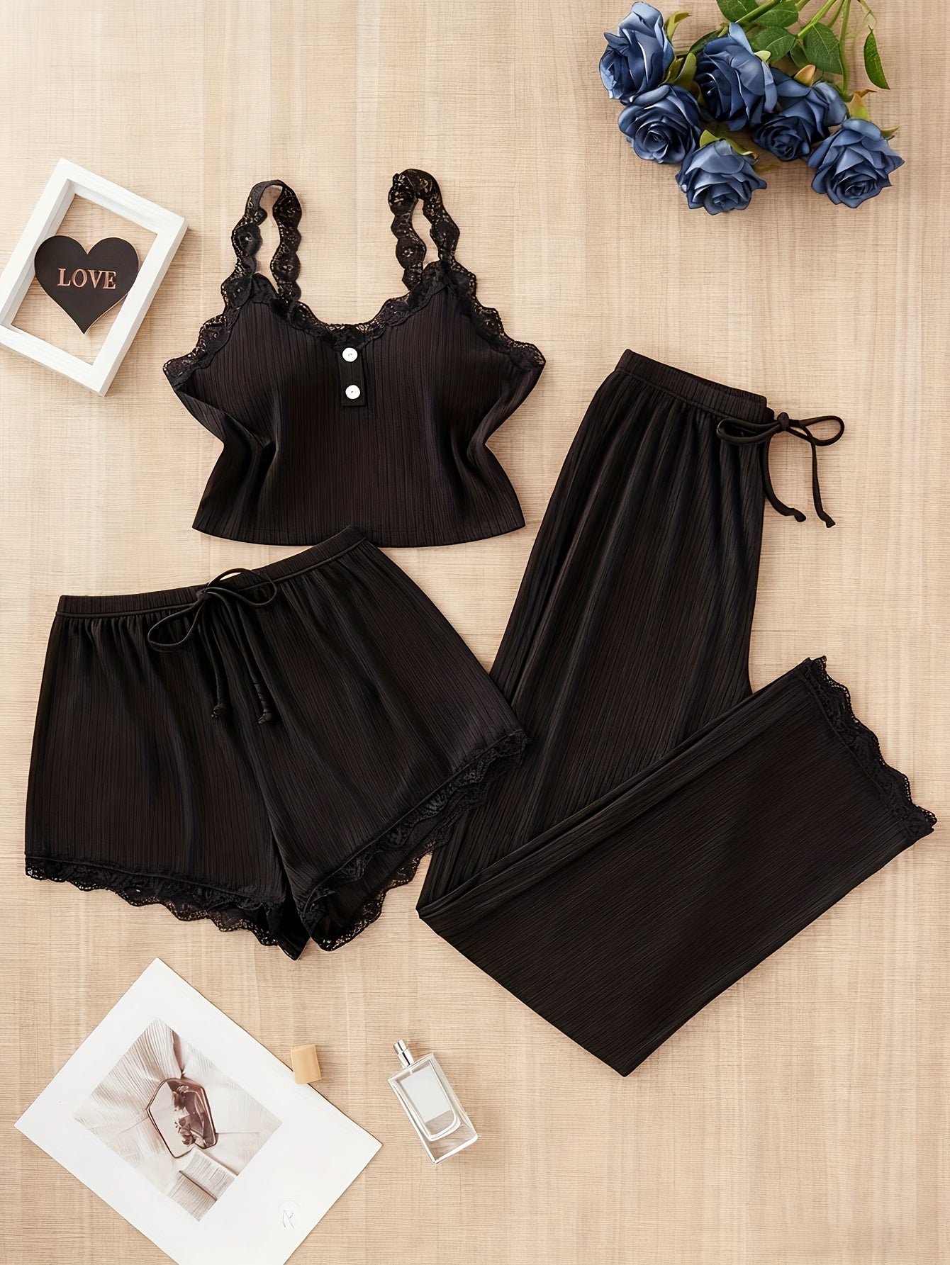 Random Color Delivery, 3pcs Ladies Four Seasons Sexy Lace Suspender Home Service Suit (Including Trousers, Shorts And Vest), Blue, Burgundy, Black, Random Delivery