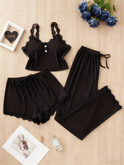 Random Color Delivery, 3pcs Ladies Four Seasons Sexy Lace Suspender Home Service Suit (Including Trousers, Shorts And Vest), Blue, Burgundy, Black, Random Delivery
