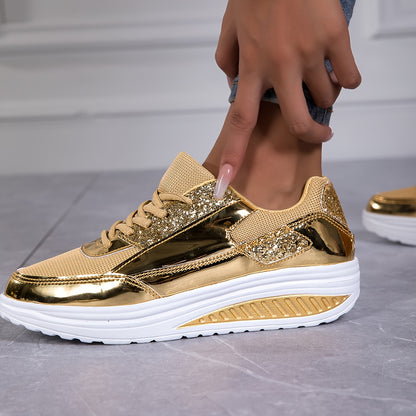 Women's Fashionable Sports Shoes, Lace-up Casual Shoes with Shiny Decorations, Thick-soles, Height-increasing Dance Soles, Sequin, Lightweight Soft-soles, Low-top, Large-sized Walking Shoes, Women Shoes