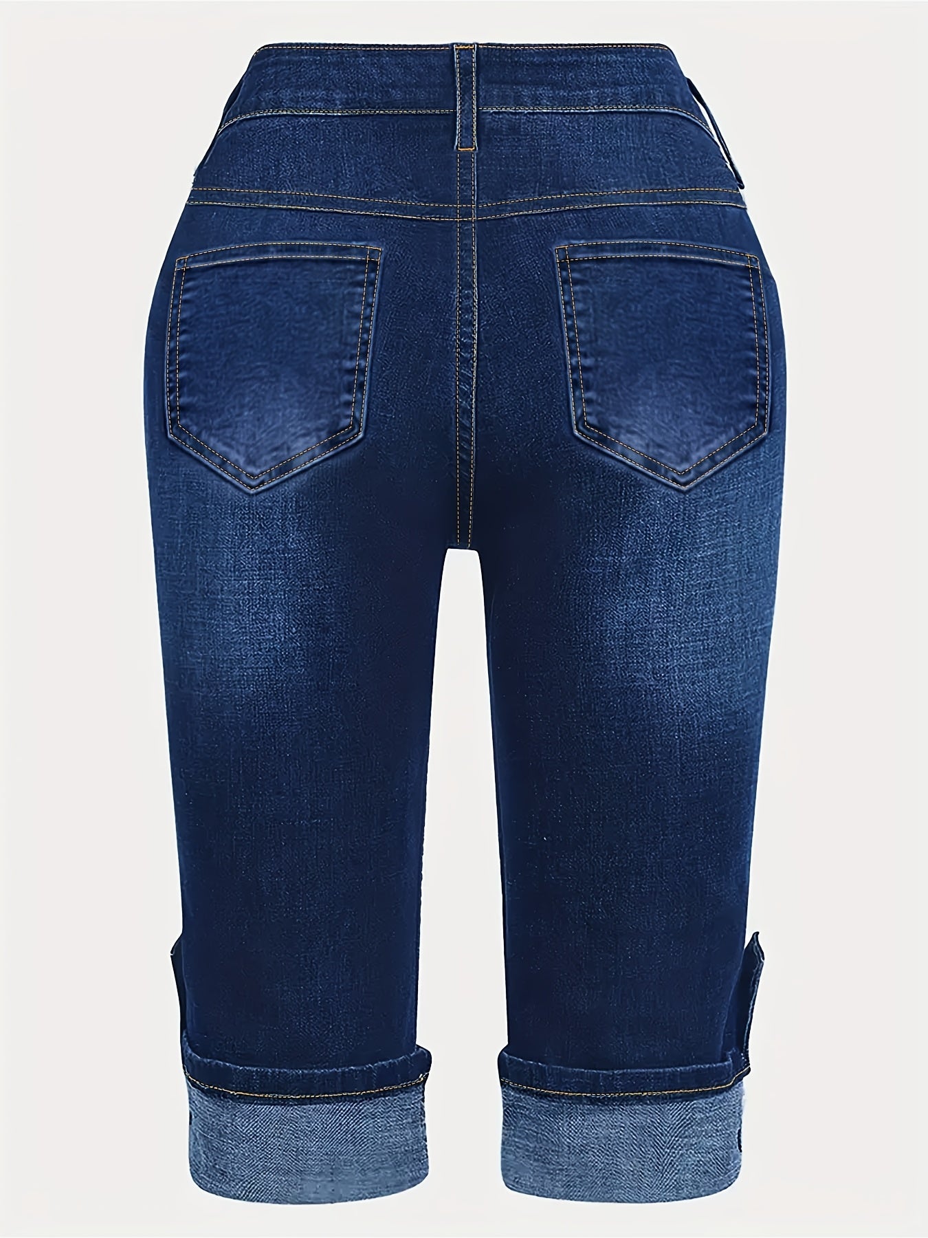 Women'S Plus Size Denim Blue Cropped Jeans | High Waisted Cuffed Hem with Front Pockets, Ankle Decor Buttons, Single Button & Zipper Fly, Street Trendy Casual for Spring/Summer/Fall Wear