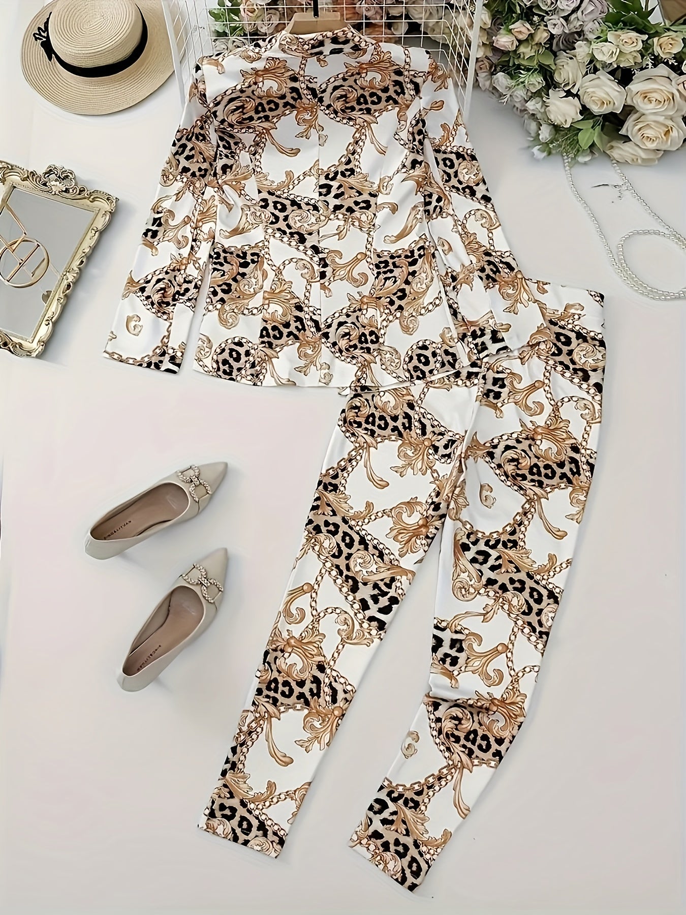 Casual Two-Piece Outfit Featuring a Chain-Printed Leopard Design, Including a Double-Breasted Lapel Jacket with Long Sleeves And High-Waisted Pants, Perfect for The New Autumn Women'S Fashion