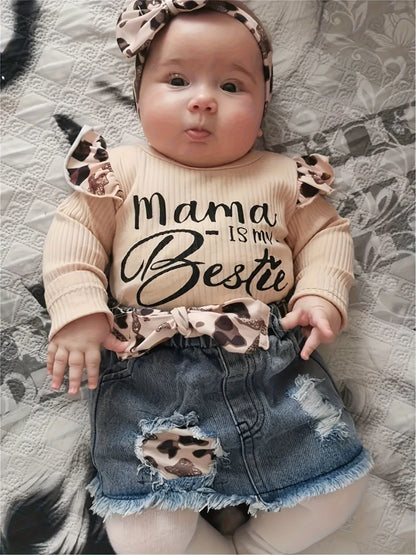 Kukitty 4pcs Set for Baby Girls Featuring Long Sleeve Bodysuit with Letter Design And Ripped Leopard Print Denim Skirt, for Outdoor