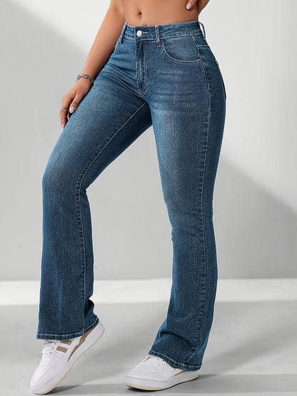 Stylish Versatile Retro Blue High-Waist Stretch Slim-Fit Women'S Flared Jeans