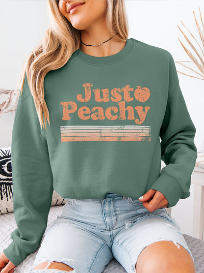 Just Peachy Women's "Just Peachy" Pattern Printed Crewneck Sweatshirt- Polyester Fiber, Loose Fit, 280g Heavyweight Fabric, Machine Washable, Autumn Winter Casual Pullover