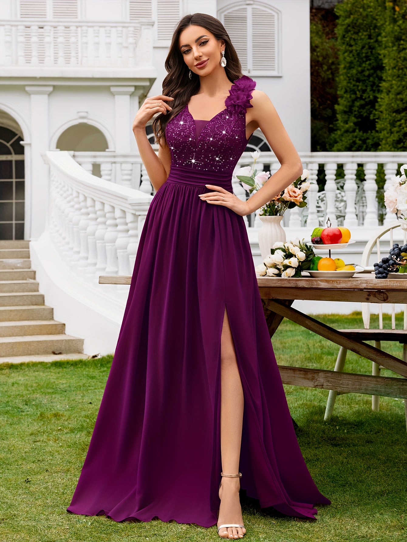 24451A Elegant Womens Mesh Deep V Neck Sequin Lace Maxi Dress, Sleeveless Applique Shoulder, Back V Neck, Ruched A Line Waist, High Thigh Slit Hem, Perfect For Formal Wedding Guest, Prom, Bridesmaid Party, Graduation Season, Wedding Season