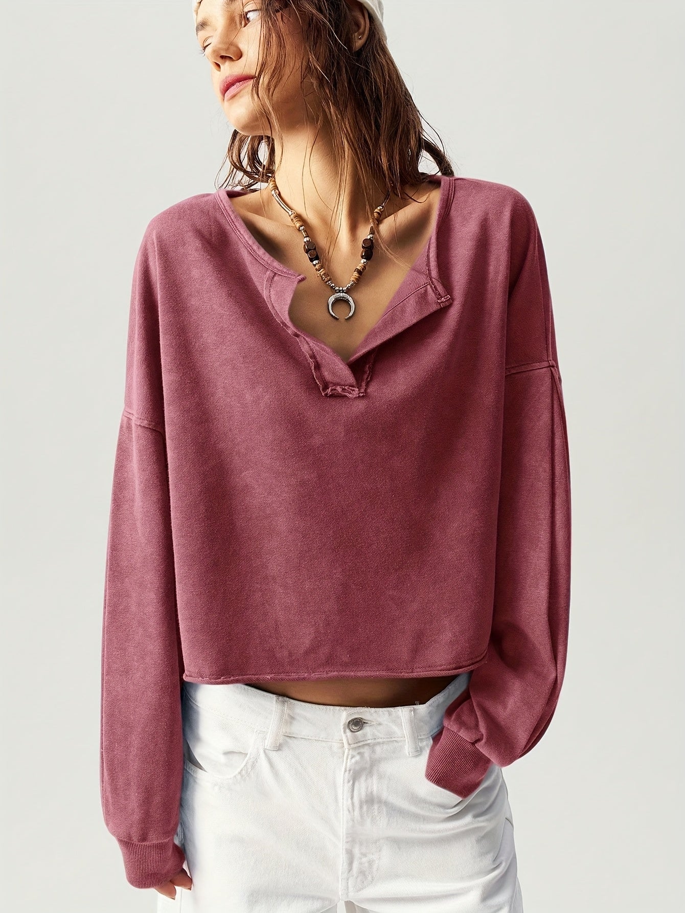 Casual Solid Color V-Neck Long Sleeve Loose Fit Women Sweatshirt Fall Tops Women Cropped Sweatshirt Long Sleeve Tops Comfy Tops Tops for Women