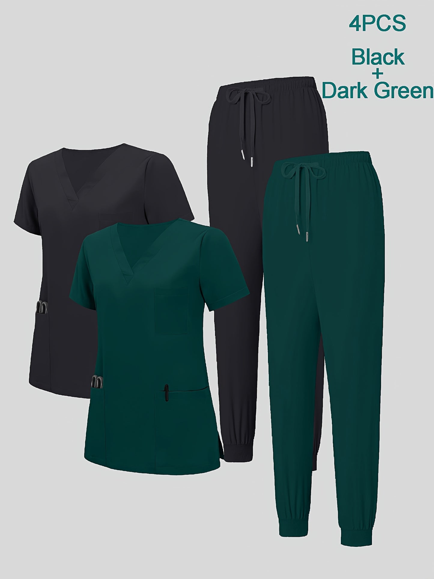 4pcs Set for Women's V-neck Matte Breathable Sports Uniform Pocket Hand Washing Work Clothes Brush Hand Clothes Tying Feet Pants Set