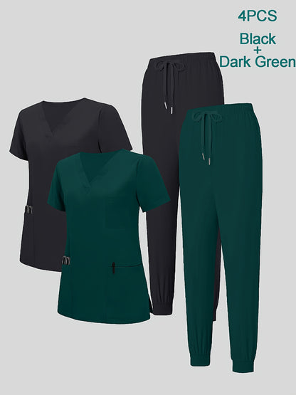 4pcs Set for Women's V-neck Matte Breathable Sports Uniform Pocket Hand Washing Work Clothes Brush Hand Clothes Tying Feet Pants Set