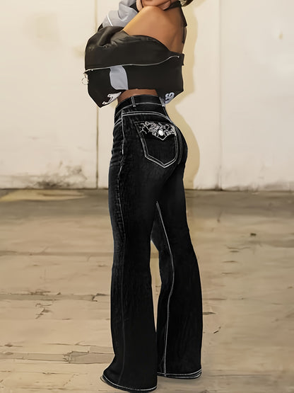 Women's Plus Size Black Stretchy Wide- Flare Bell-Bottom Jeans with Single Button Zipper & Geometric Embroidered Pockets - Retro Street Style Beltless Pants Suitable for Year-Round Wear, Machine Washable for Casual Outfits