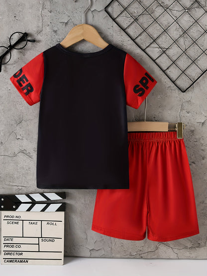 Random Two-piece Set for Boys' Fall/summer Wear, Including 1 Short-sleeve T-shirt + Shorts. Features A Printed Long-sleeve Crew-neck T-shirt And Casual Printed Shorts., Perfect for Outdoor