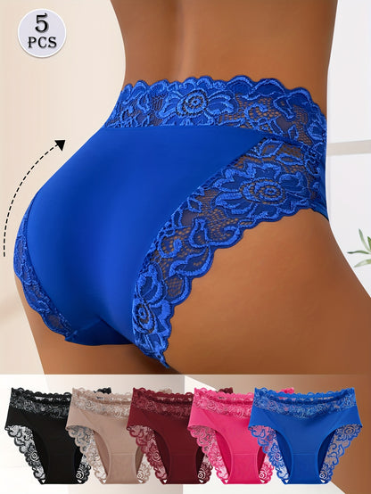 5 Women'S Elegant Lace Splicing Triangle Underwear - Breathable Mid Waist Bikini Underwear, Romantic Holiday Fashion, Solid Color, Comfortable Fashion, Daily Underwear | Elegant Lace Details | Smooth Fiber