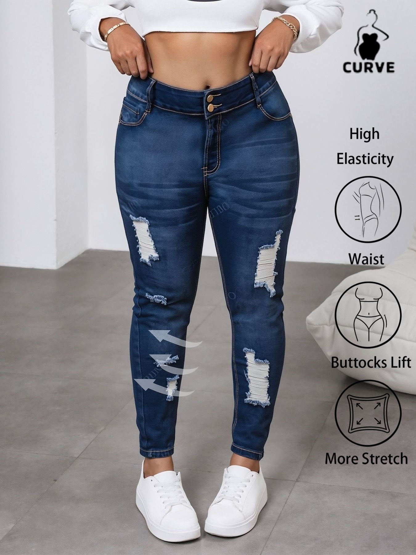 Women'S Plus - Size High - Waisted Ripped Jeans, Elastic & Shaping