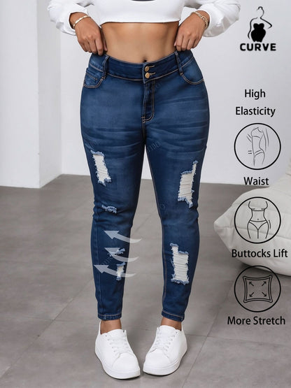 Women'S Plus - Size High - Waisted Ripped Jeans, Elastic & Shaping