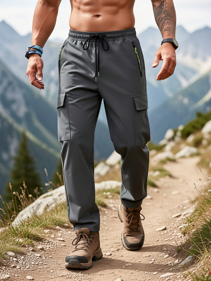 1pc Men'S Lightweight Casual Cargo Pants With Drawstring Waist, Zippered Pockets & Print Logo - Breathable For Outdoor Running, Training, Hiking & Everyday Use - Spring/Summer Collection, Workout Pants, Running Apparel, Functional Pockets