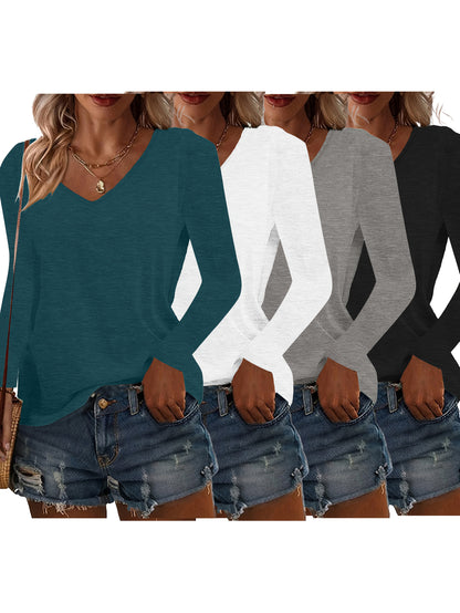 SINHOON 4pcs Women's Clothes Spring And Autumn Casual Top, Solid-Color Long-Sleeved V-Neck T-shirt