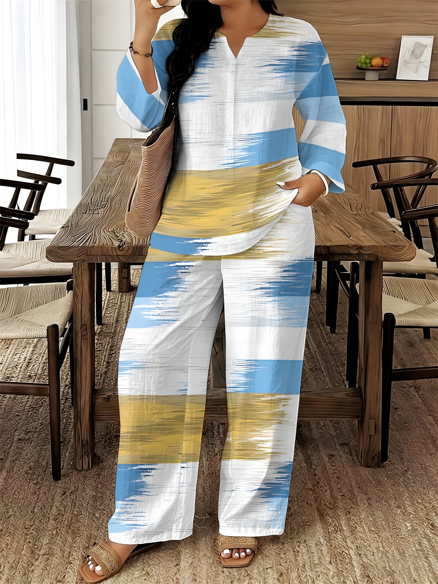 2026 New Women's Standard Size Long Sleeved Pants 2pcs Set, Set, Spring And Summer New V-Neck Long Sleeved Shirt Printed Elastic Waistband Pants 2pcs Set, Digital Printing Machine Washable Fabric, Elegant And Comfortable