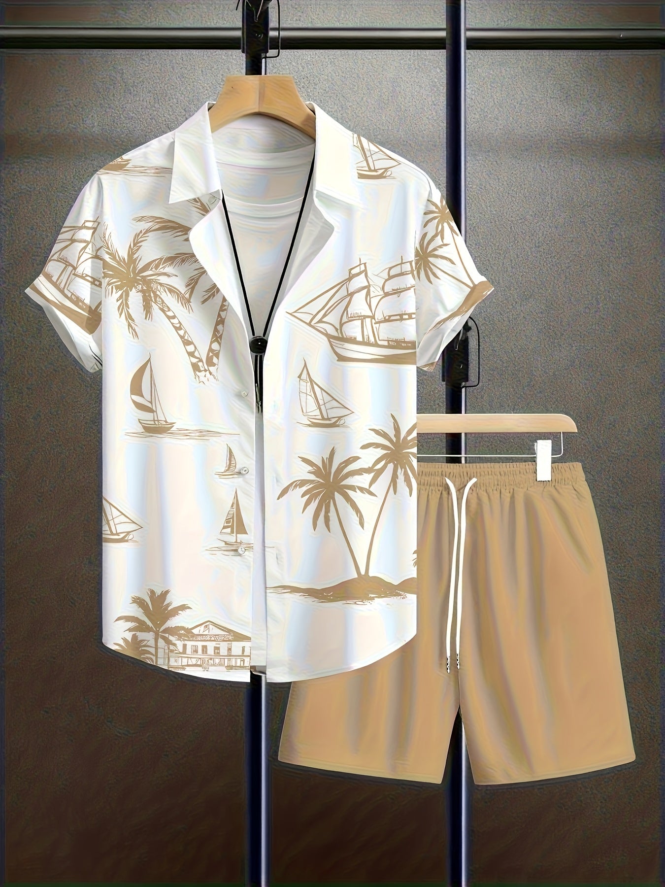 2pcs Summer Casual Daily Men's Shirt Shorts Set, Hawaiian Print Pattern, Suitable Outdoor Sports, Men's Beach Shorts Casual Round Neck Short Sleeve Shirt T-Shirt and Elastic Waistband Shorts, Ted Polyester Fabric, Washable