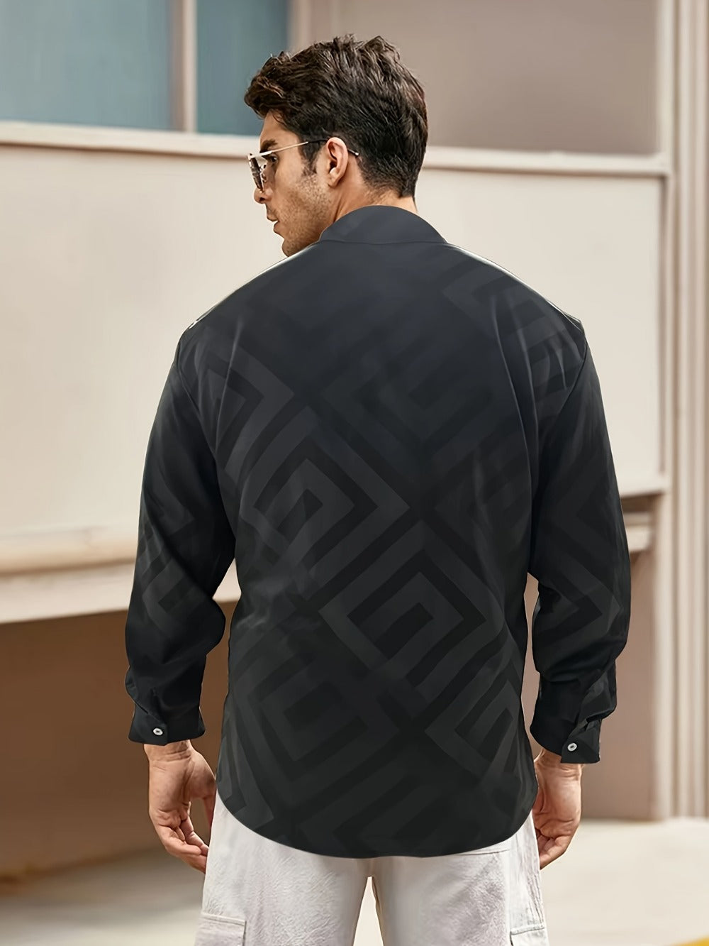 Men's Geometric Print Plus Size Long Sleeve Casual Shirt - Stretch